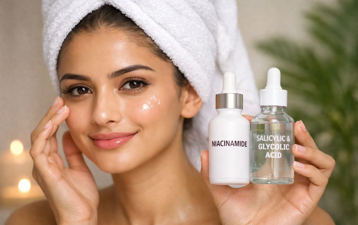 Beautiful girl applying skincare serum with niacinamide, salicylic acid and glycolic acid for glowing, acne-free skin